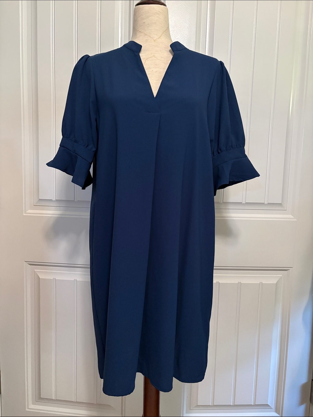 Navy V-Neck Dress with Ruffle Sleeves